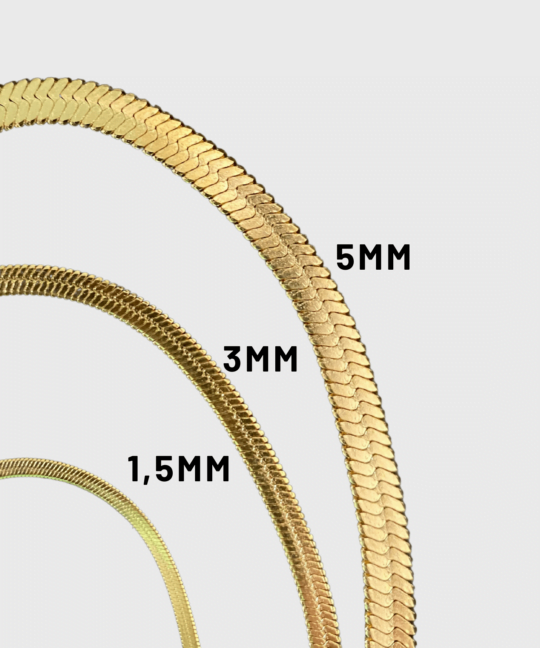 Forskellige størrelser på Flat snake slange kæde i 1,5mm, 3mm og 5mm.